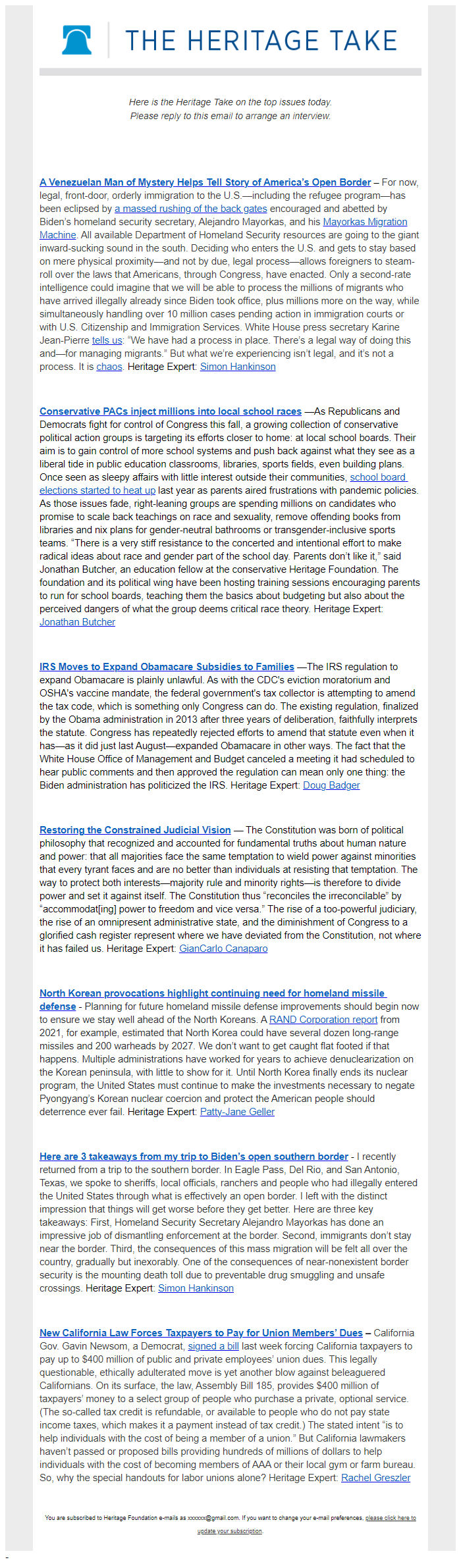 Screenshot of the email generated on import