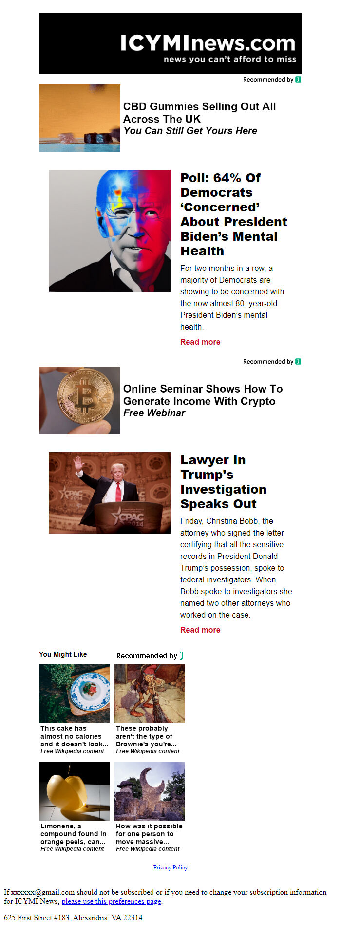 Screenshot of the email generated on import