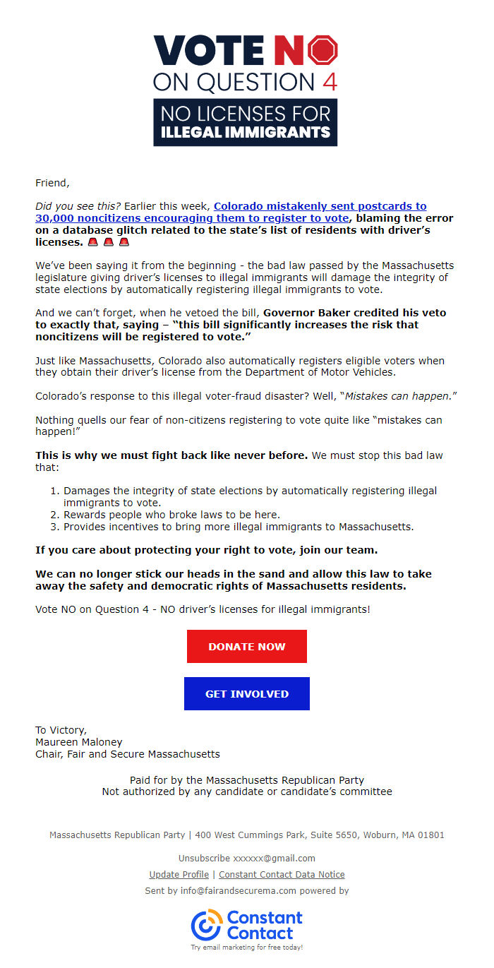 Screenshot of the email generated on import