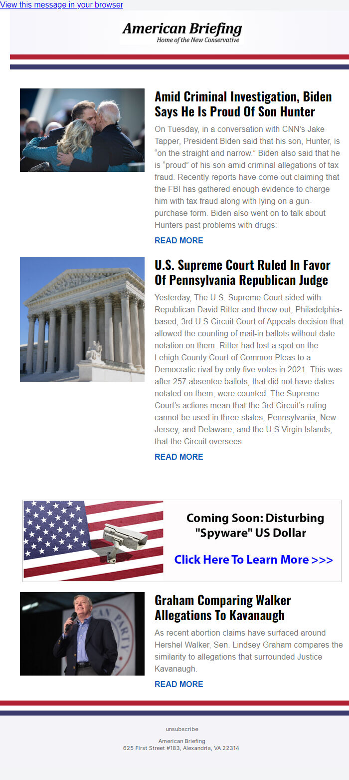 Screenshot of the email generated on import