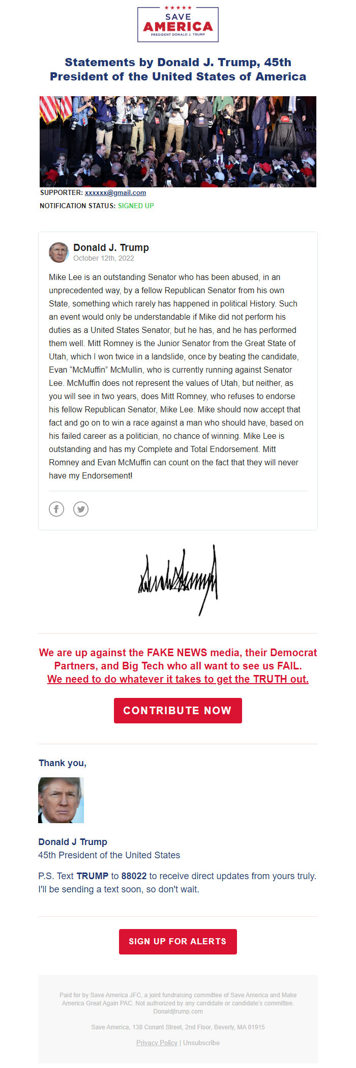 Screenshot of the email generated on import