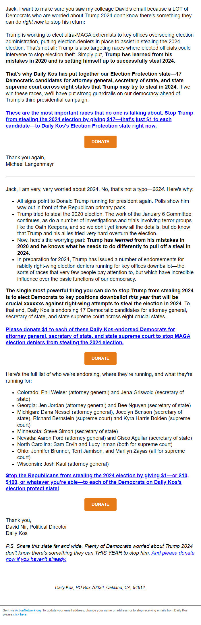 Screenshot of the email generated on import