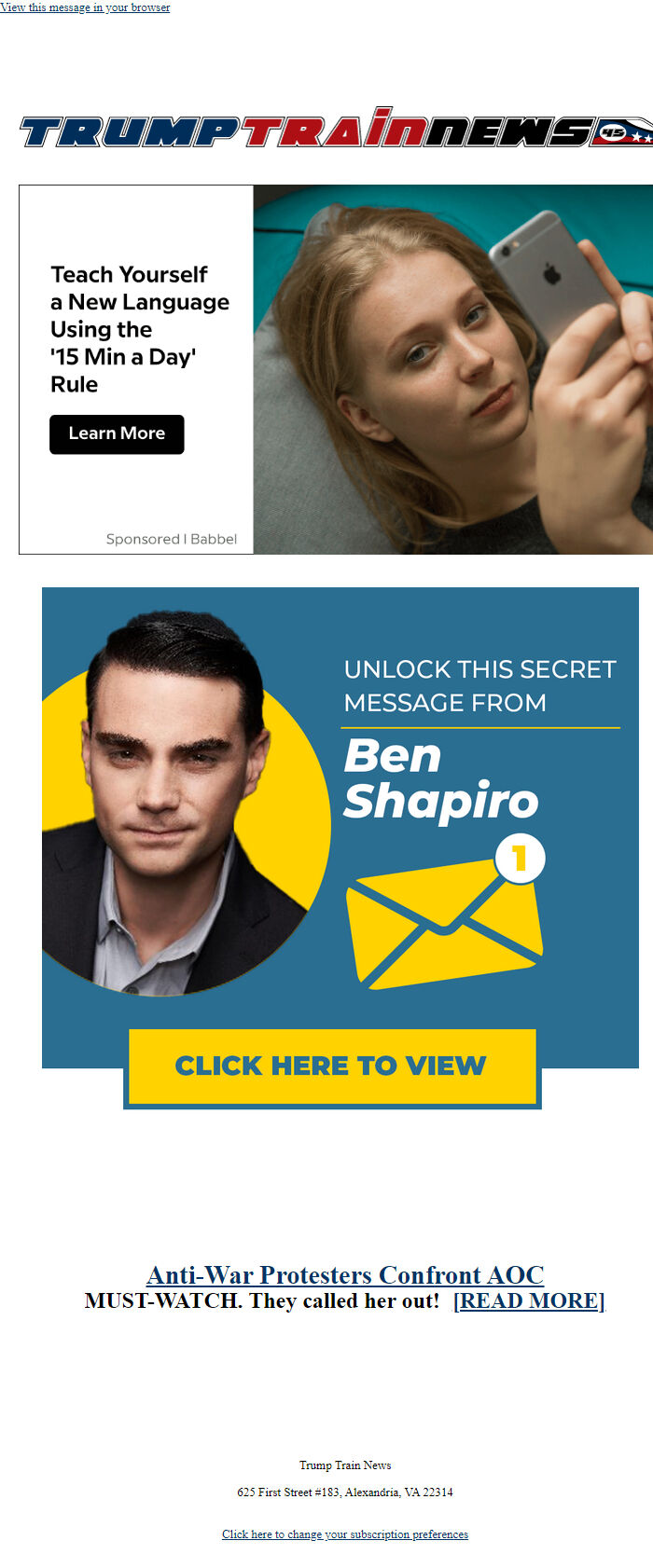 Screenshot of the email generated on import