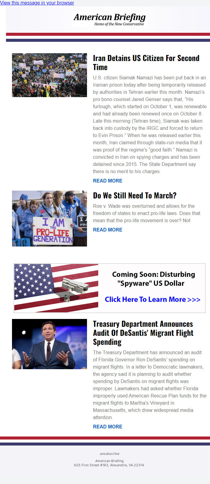 Screenshot of the email generated on import