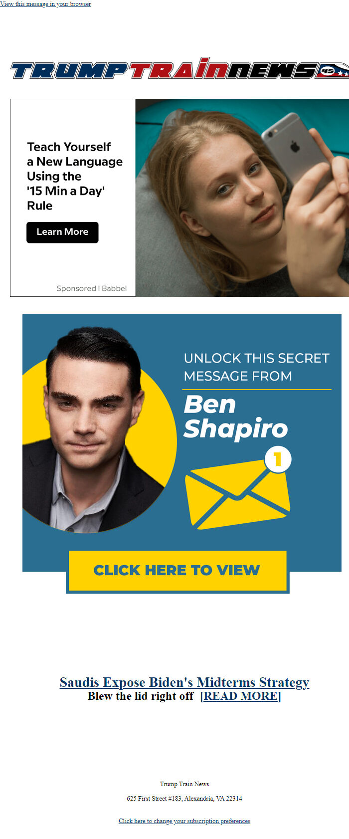 Screenshot of the email generated on import