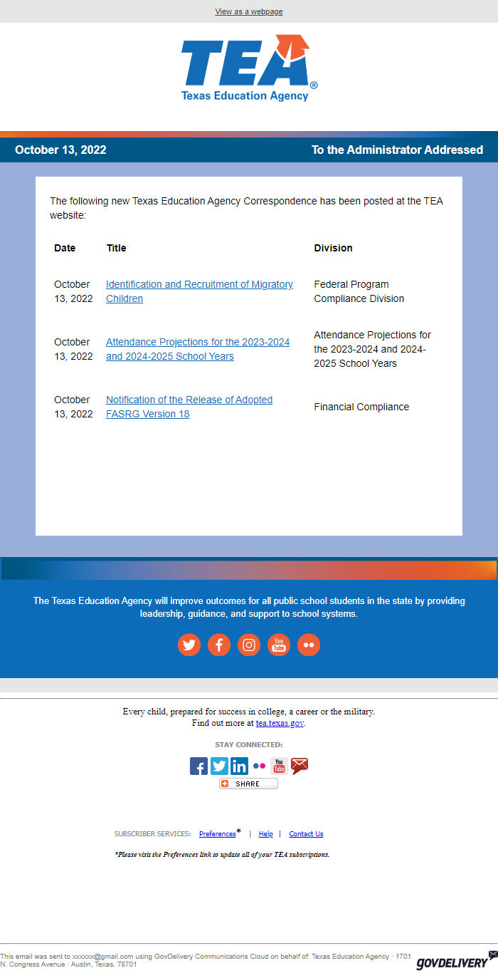 Screenshot of the email generated on import