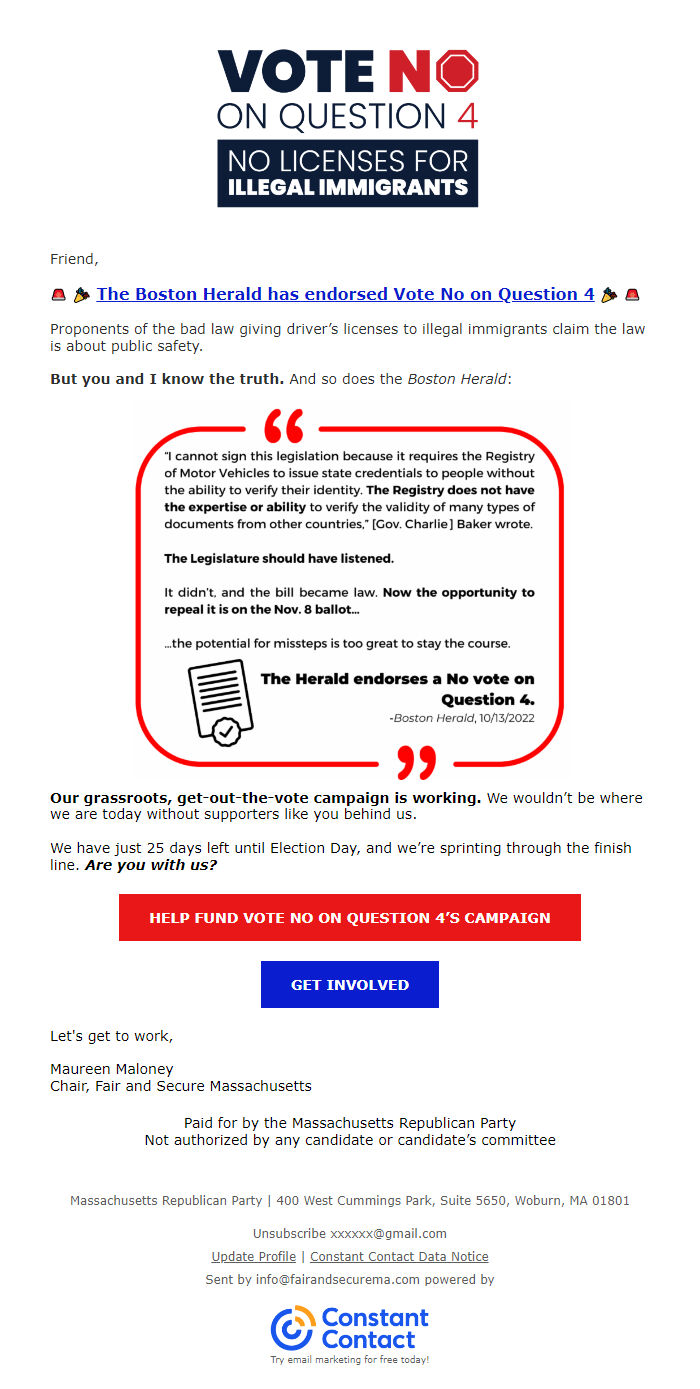 Screenshot of the email generated on import