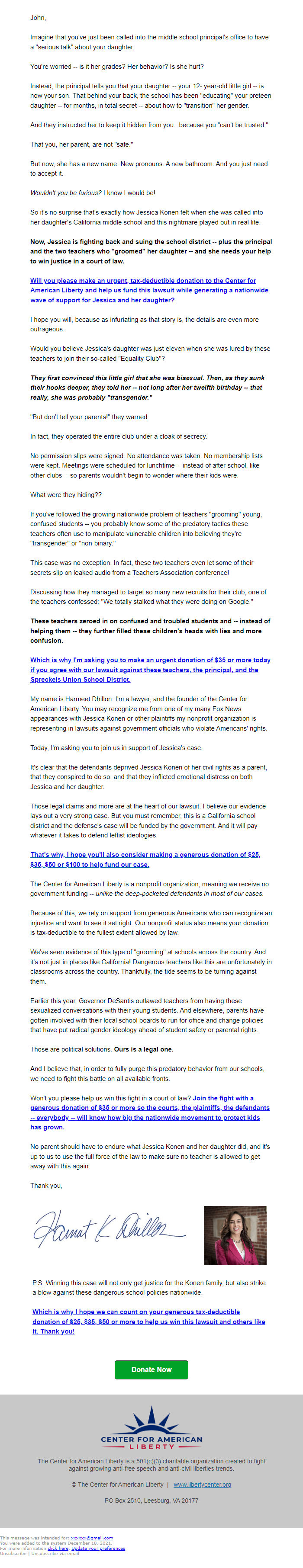 Screenshot of the email generated on import