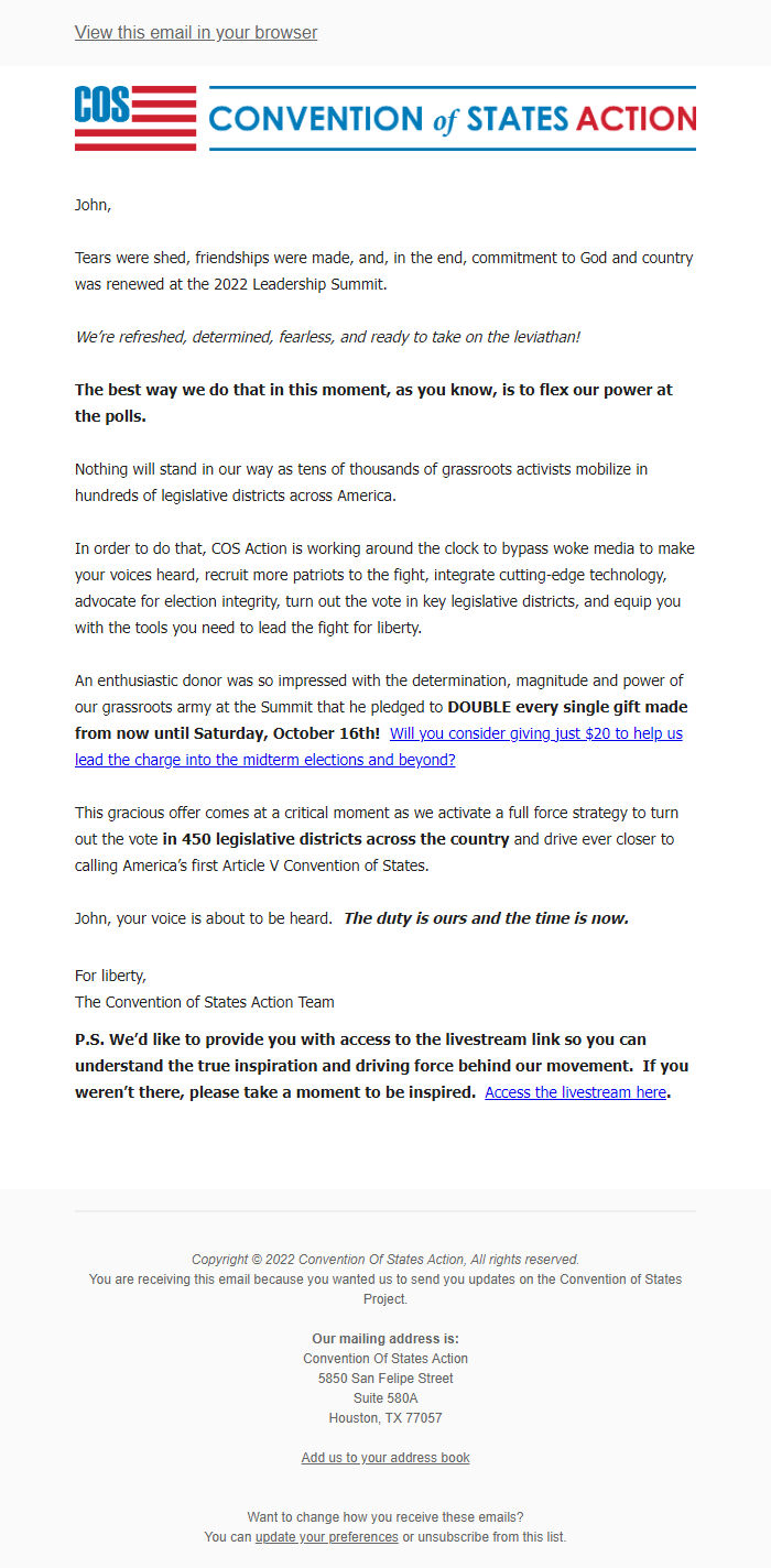Screenshot of the email generated on import