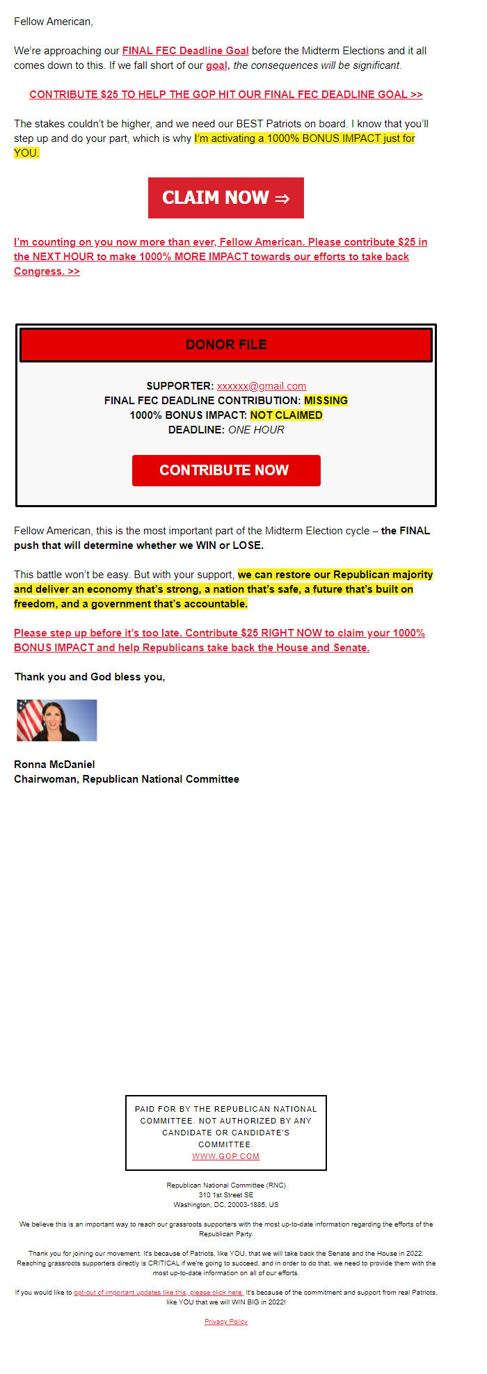 Screenshot of the email generated on import