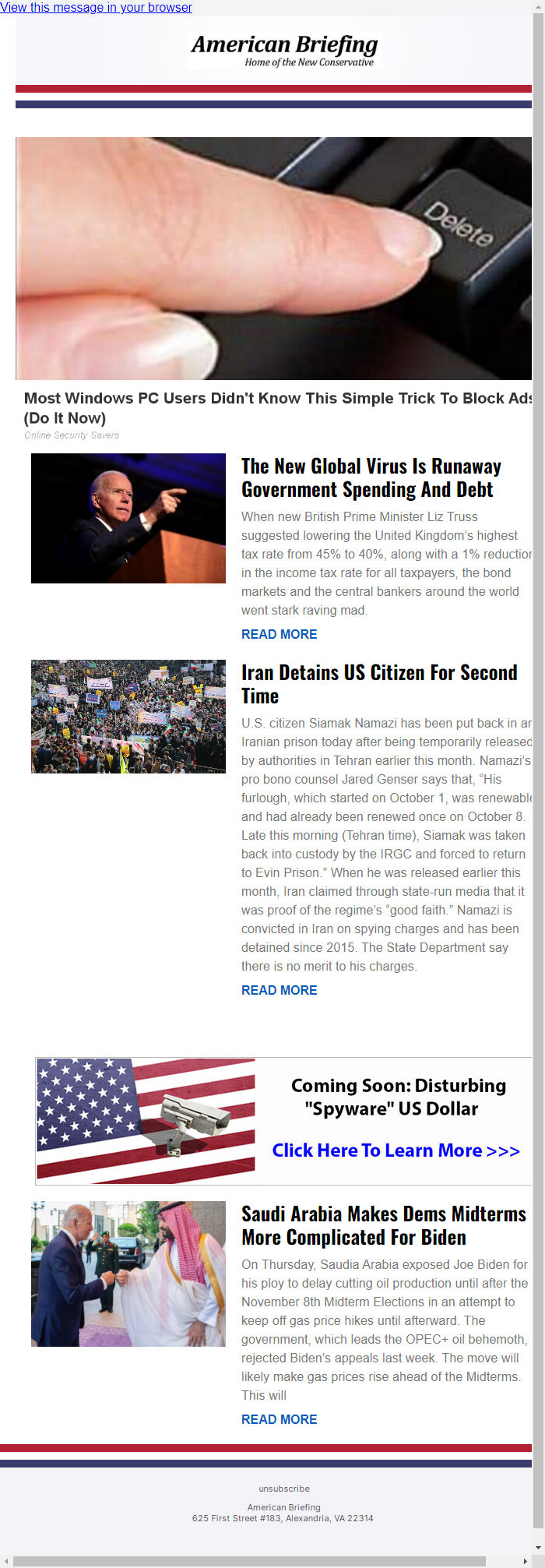 Screenshot of the email generated on import