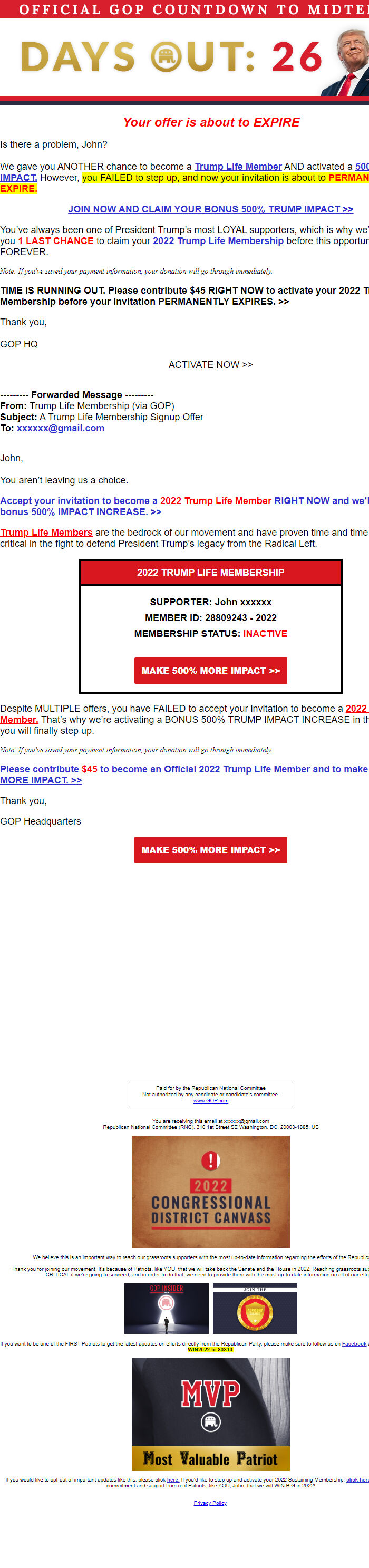 Screenshot of the email generated on import