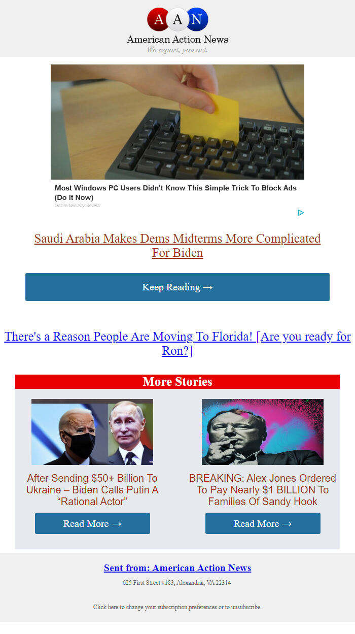 Screenshot of the email generated on import