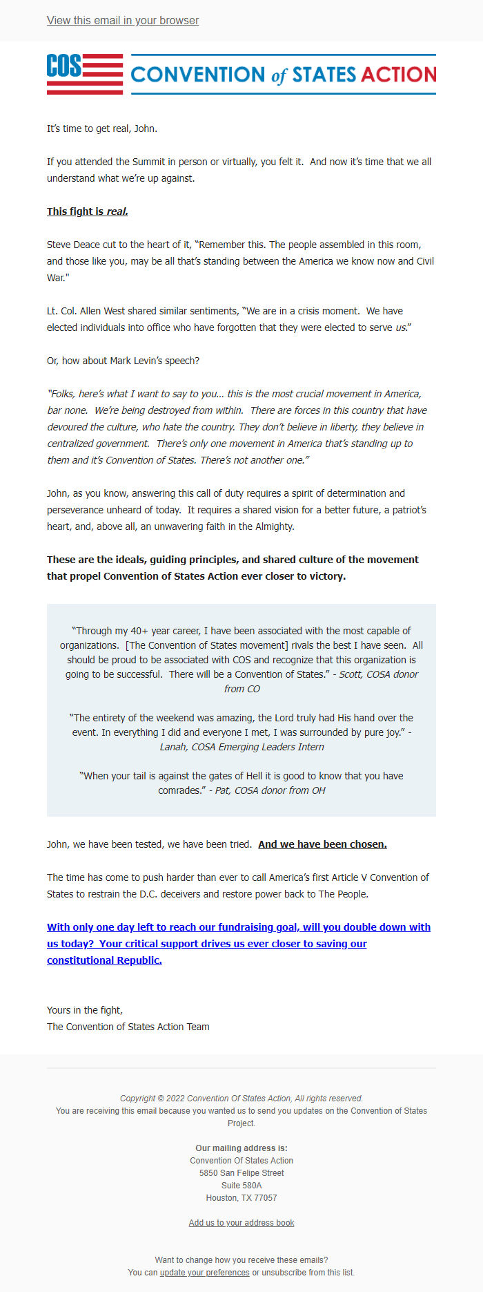 Screenshot of the email generated on import