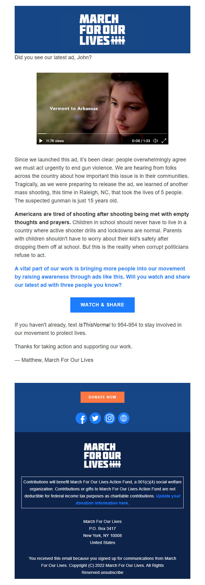Screenshot of the email generated on import