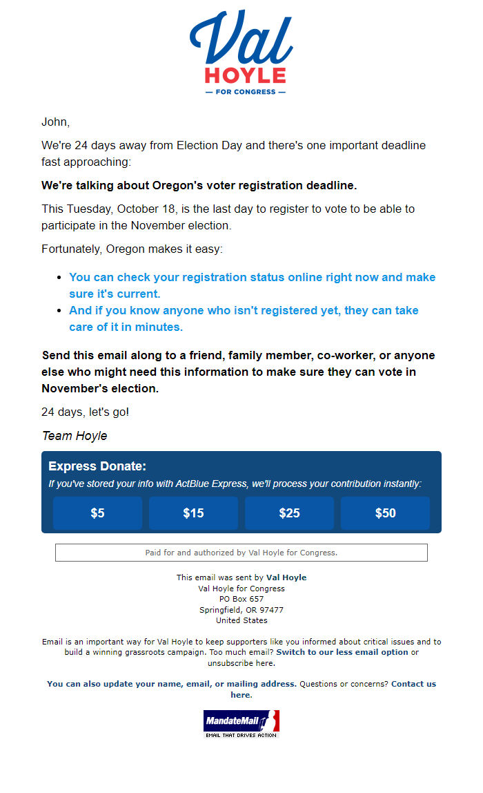 Screenshot of the email generated on import