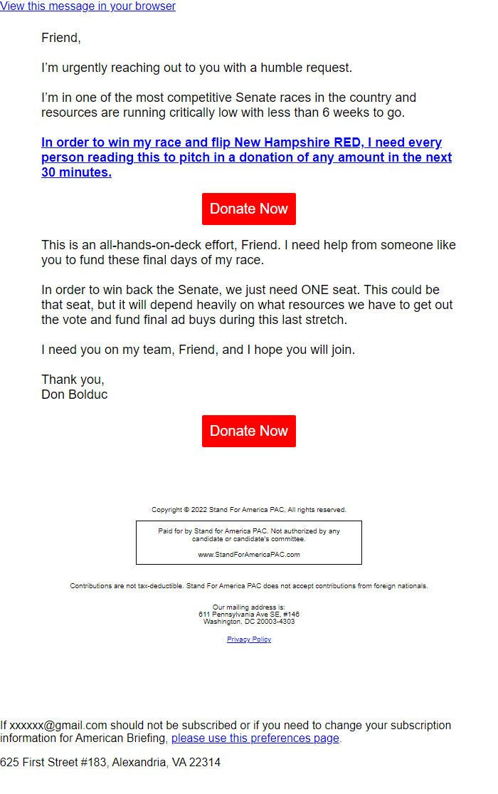 Screenshot of the email generated on import