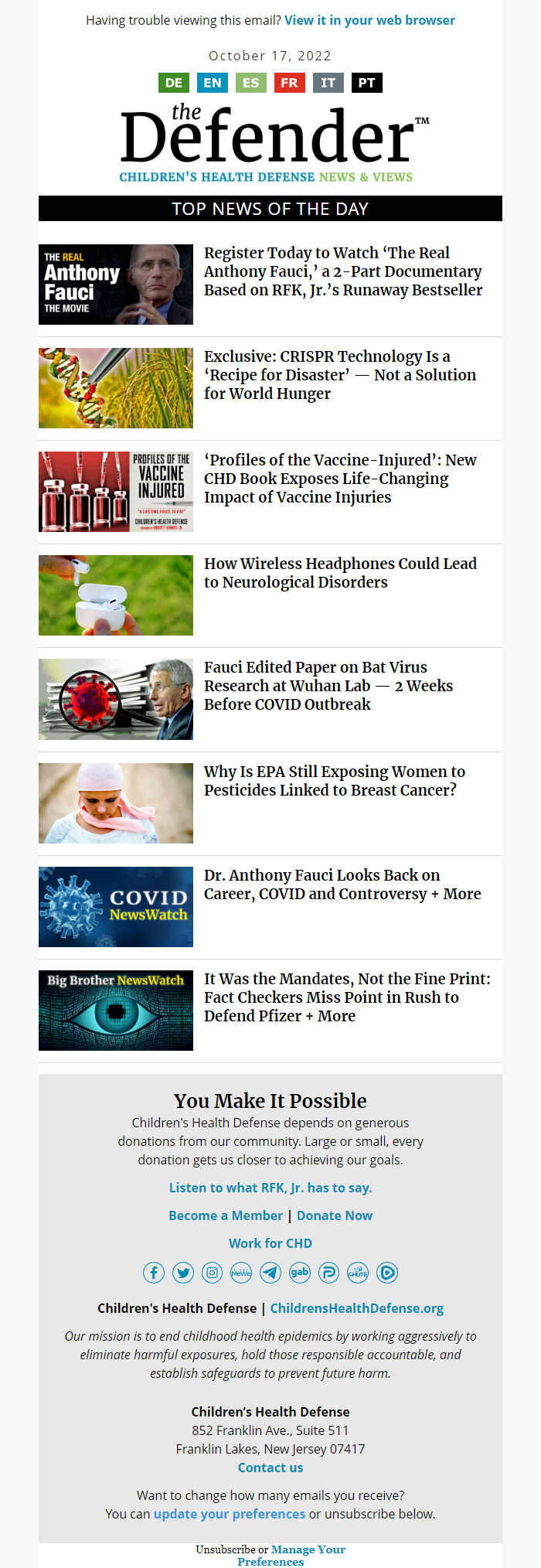 Screenshot of the email generated on import