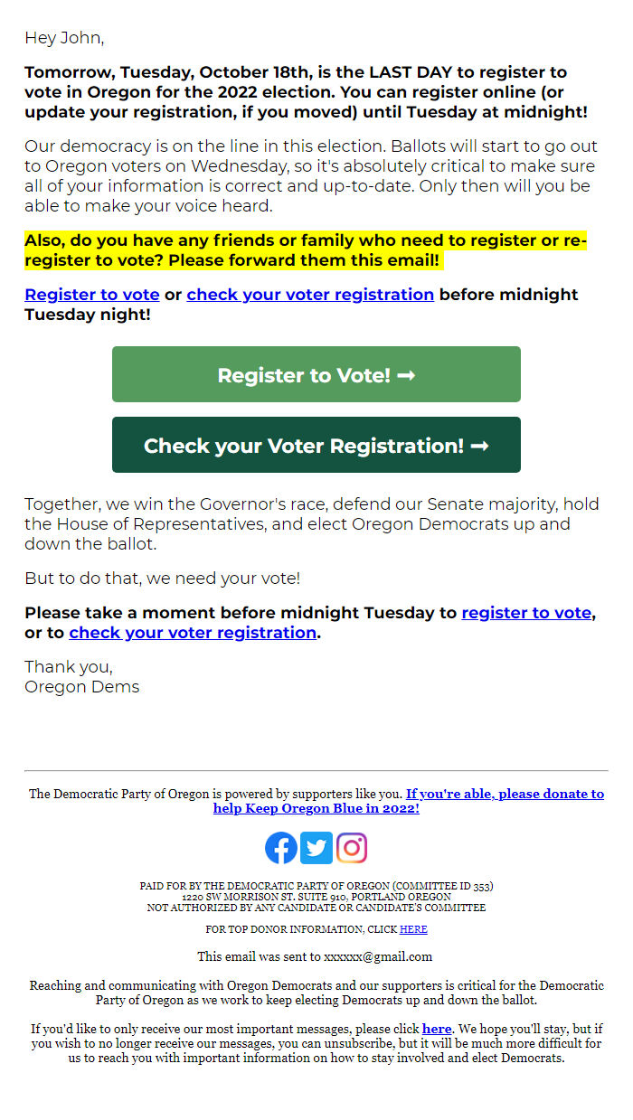 Screenshot of the email generated on import