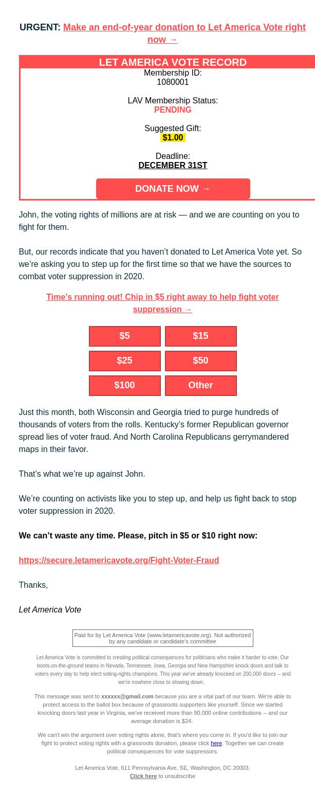 Screenshot of the email generated on import