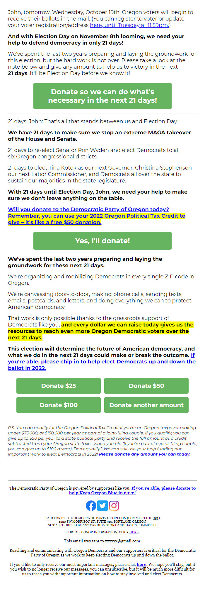 Screenshot of the email generated on import
