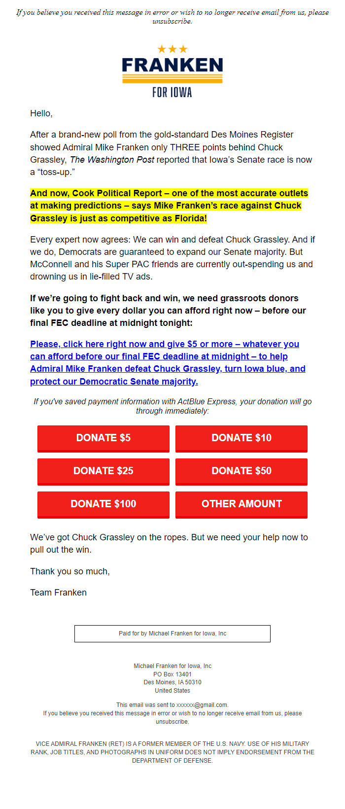 Screenshot of the email generated on import