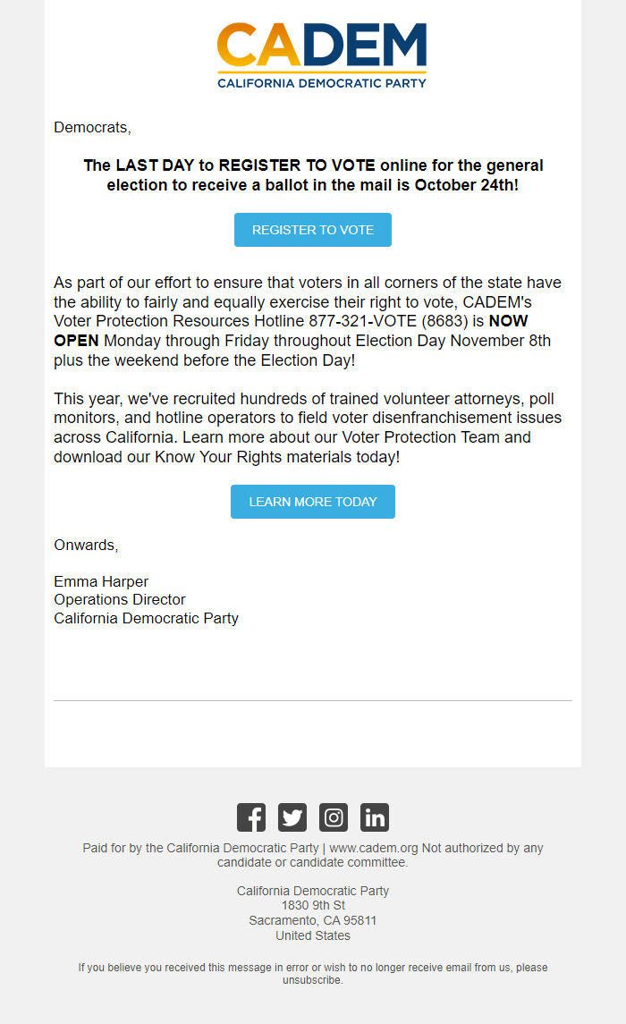 Screenshot of the email generated on import