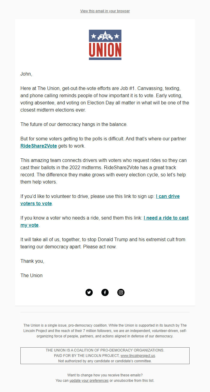 Screenshot of the email generated on import