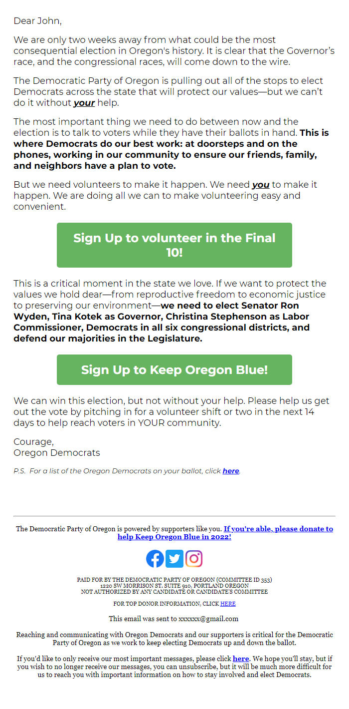 Screenshot of the email generated on import