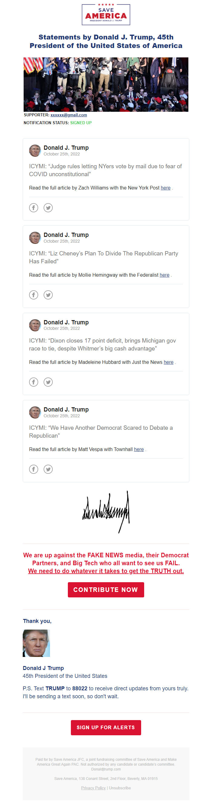 Screenshot of the email generated on import