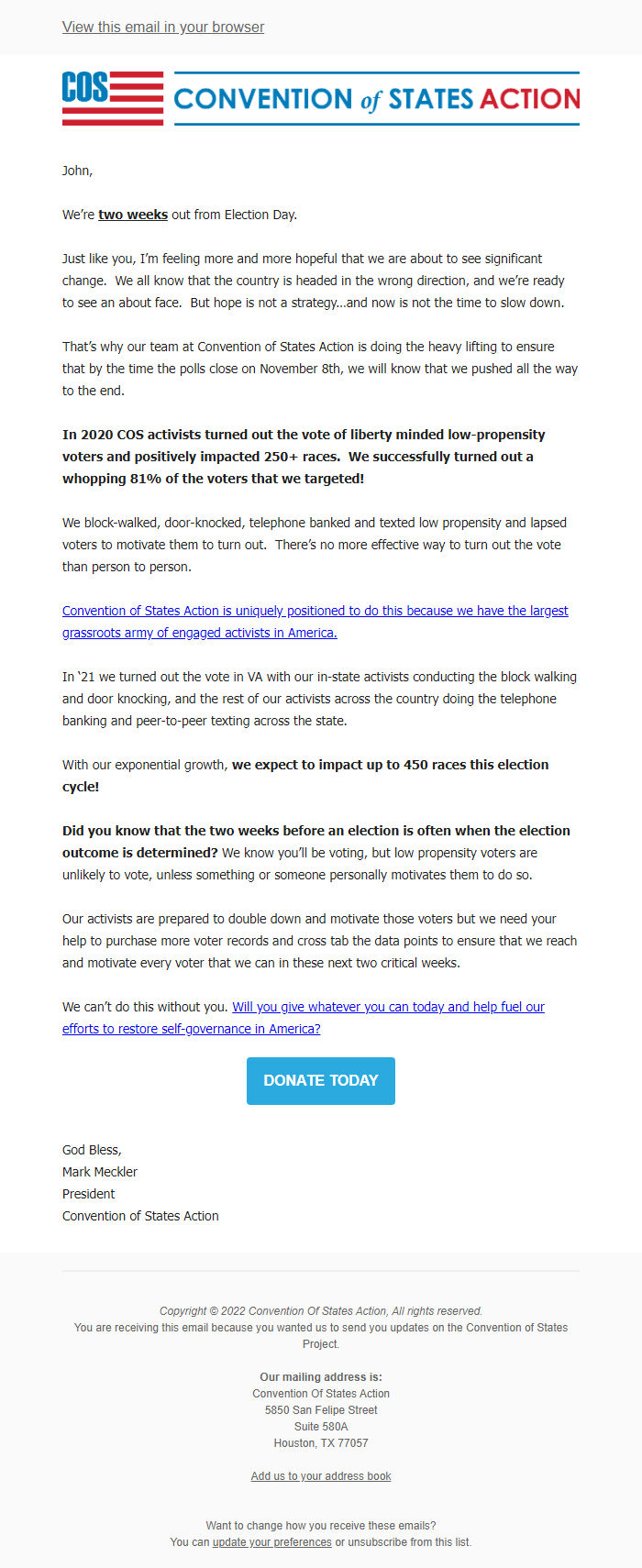 Screenshot of the email generated on import