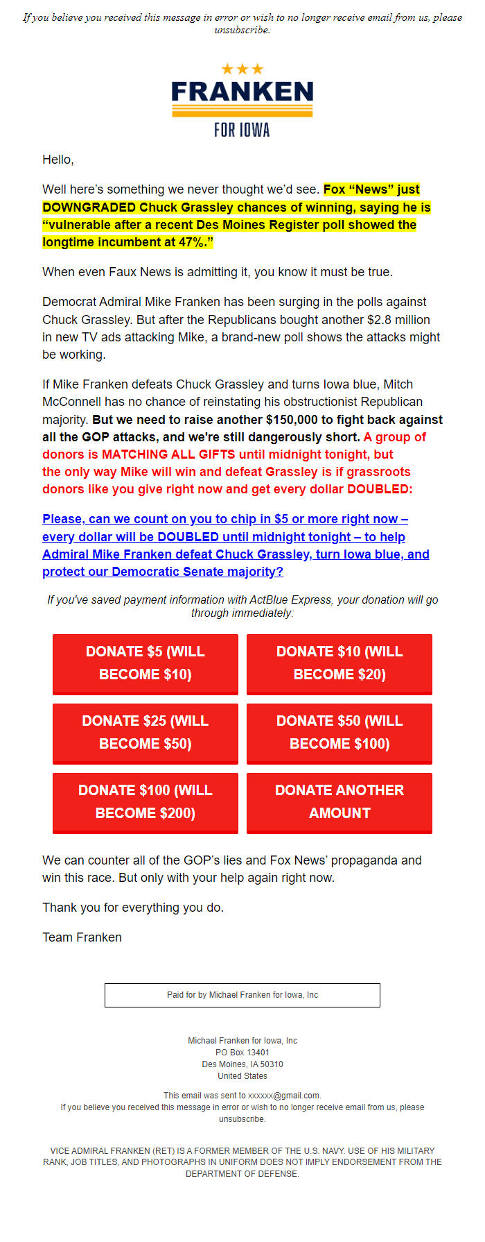 Screenshot of the email generated on import