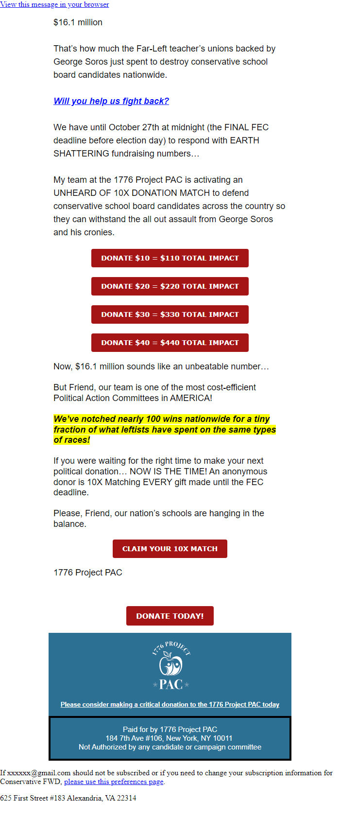 Screenshot of the email generated on import