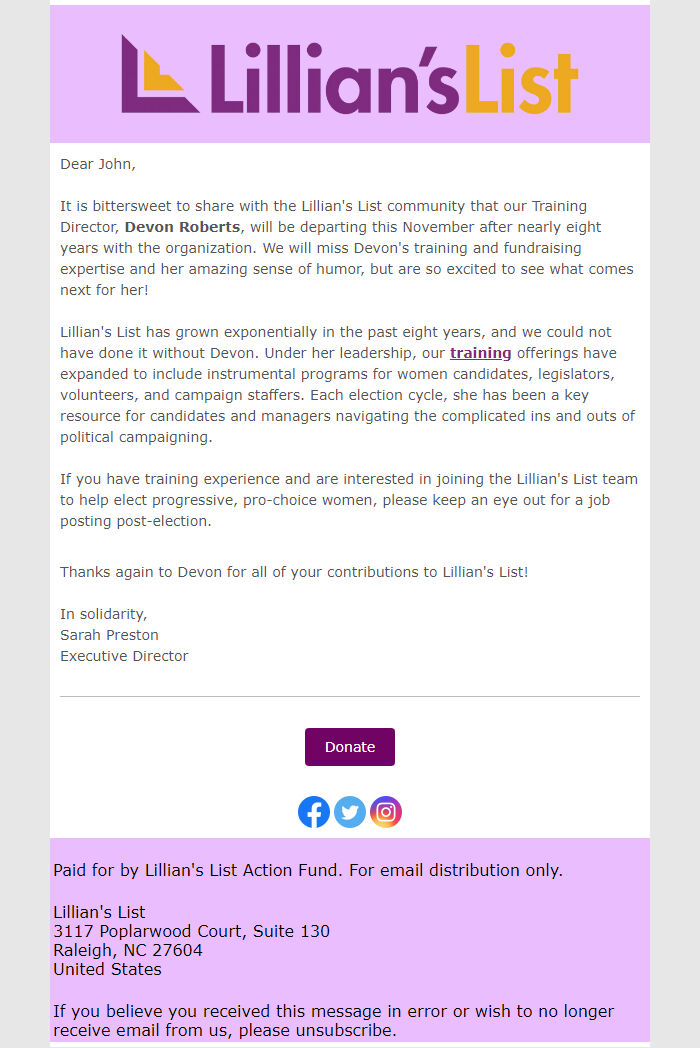 Screenshot of the email generated on import