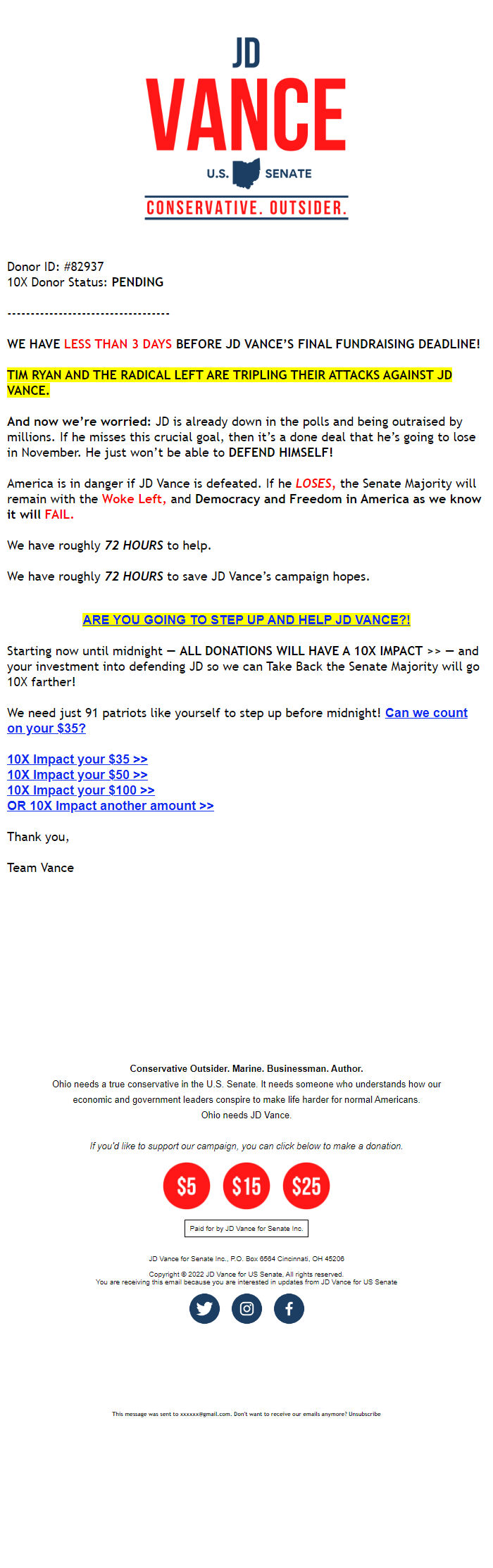 Screenshot of the email generated on import