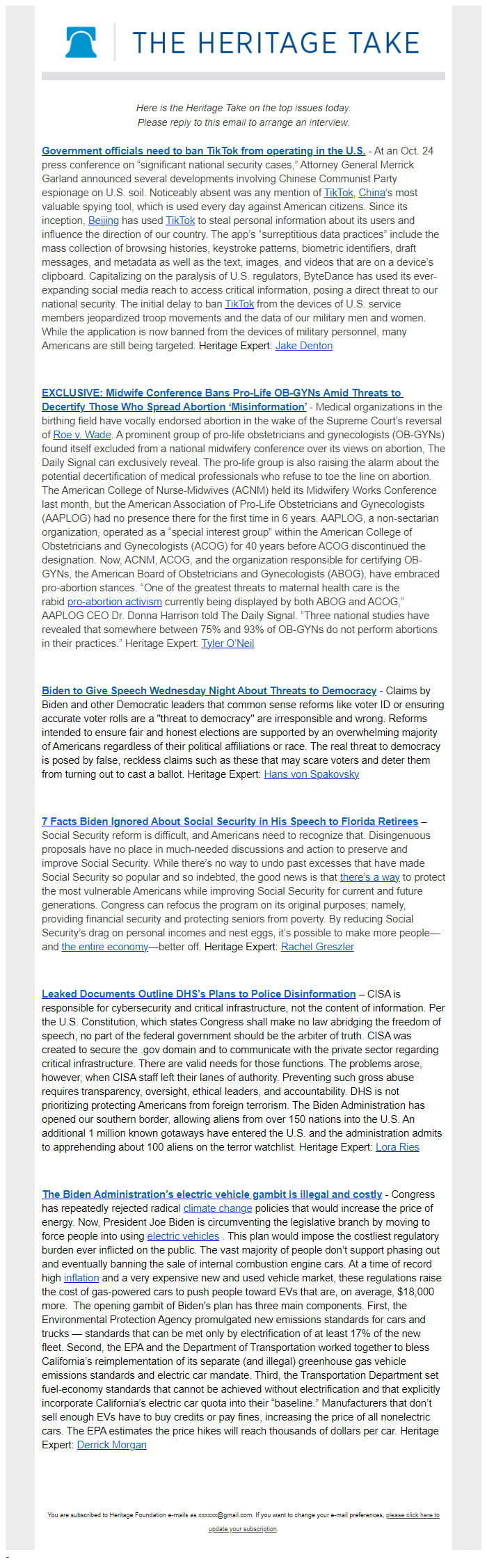 Screenshot of the email generated on import