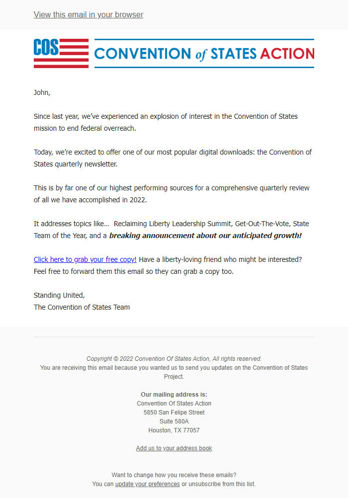 Screenshot of the email generated on import