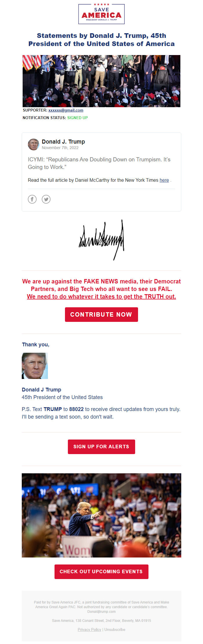 Screenshot of the email generated on import