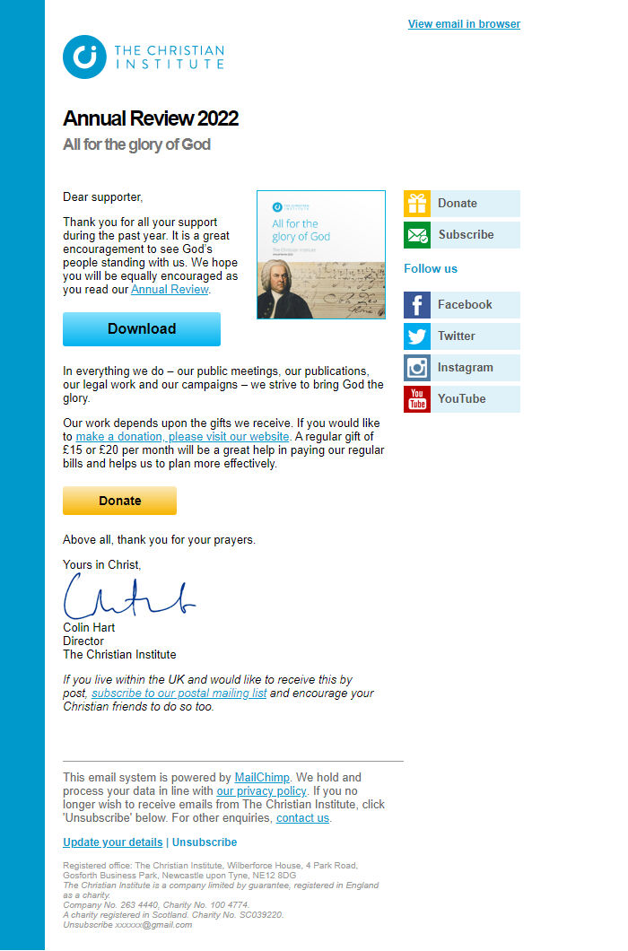 Screenshot of the email generated on import