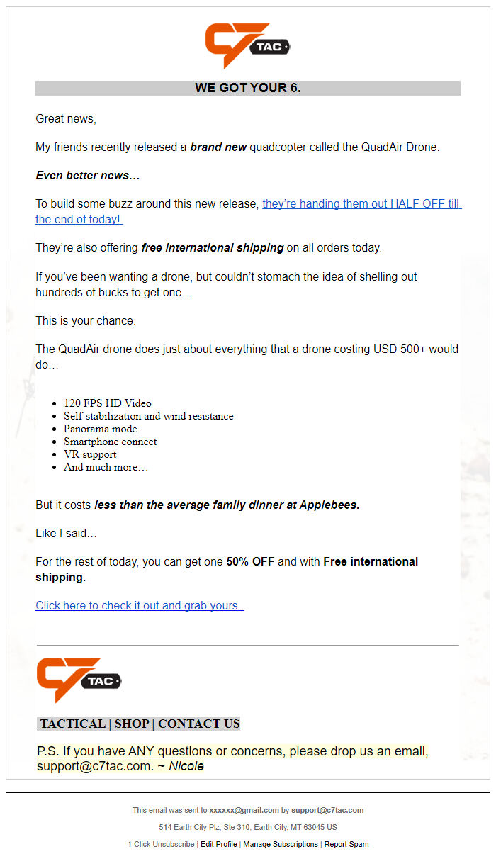 Screenshot of the email generated on import