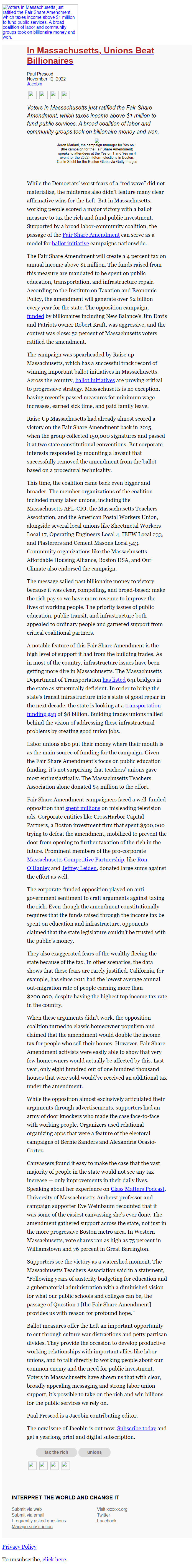 Screenshot of the email generated on import