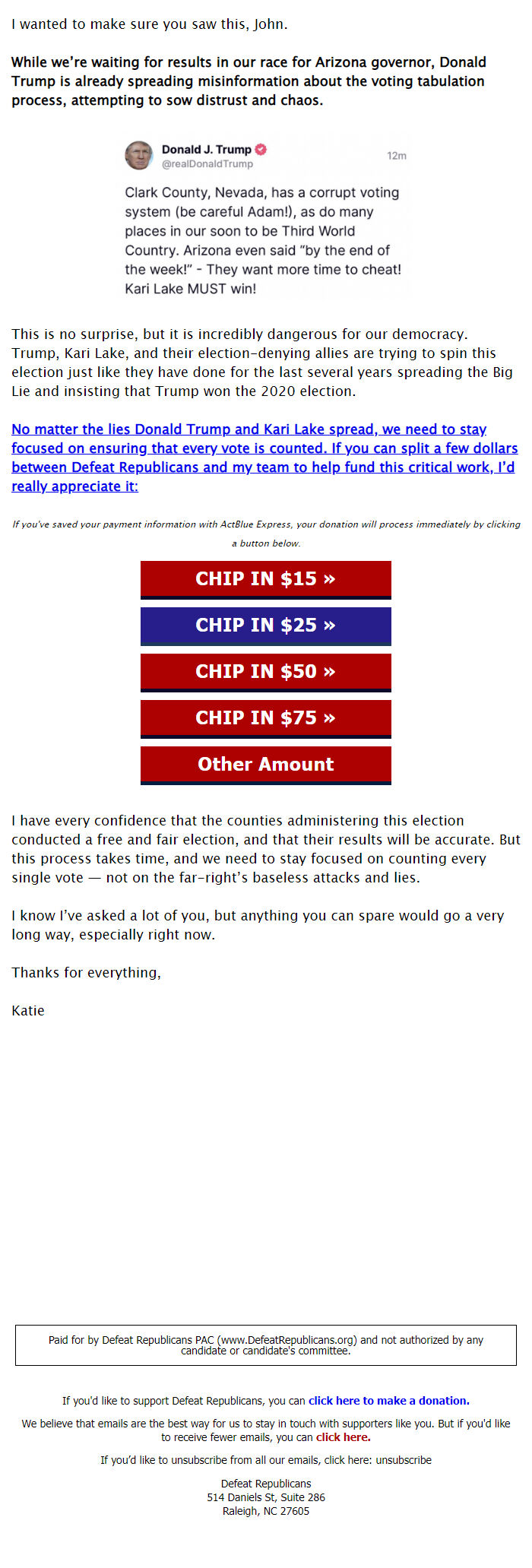 Screenshot of the email generated on import