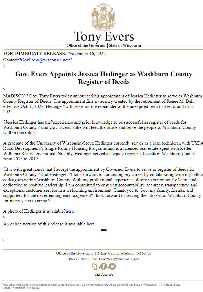 Screenshot of the email generated on import