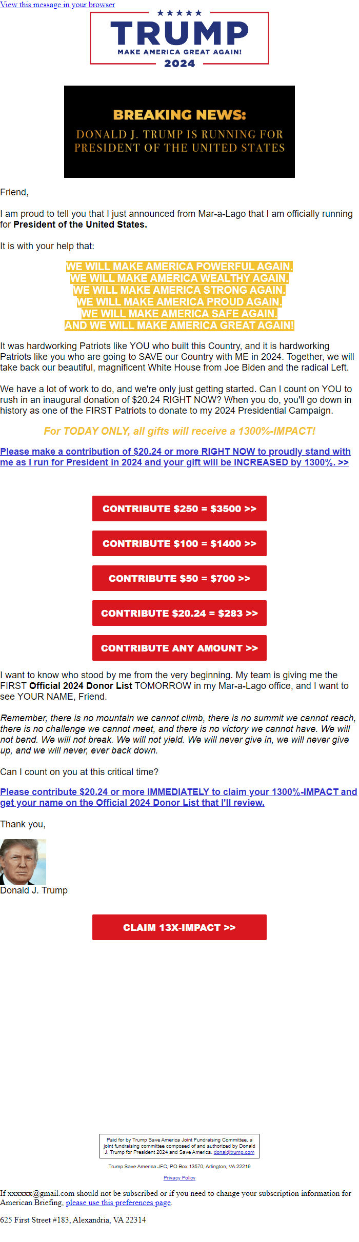 Screenshot of the email generated on import