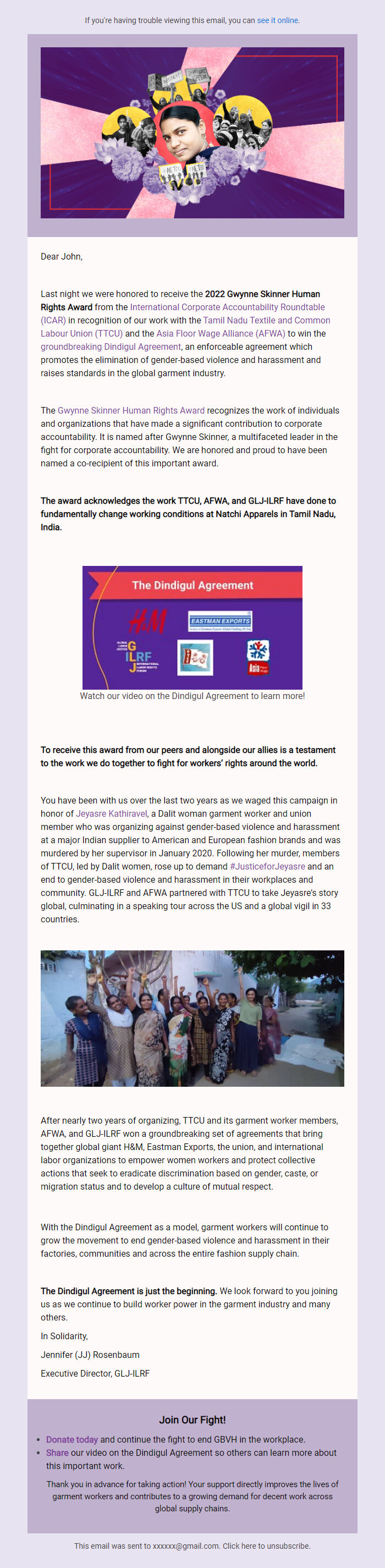 Screenshot of the email generated on import