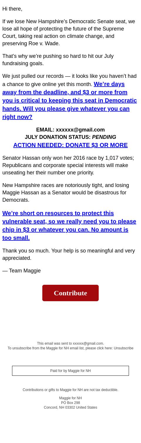 Screenshot of the email generated on import