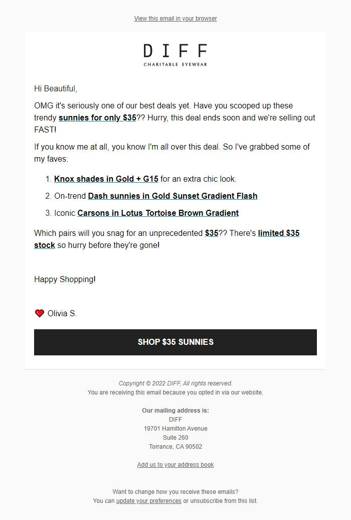 Screenshot of the email generated on import