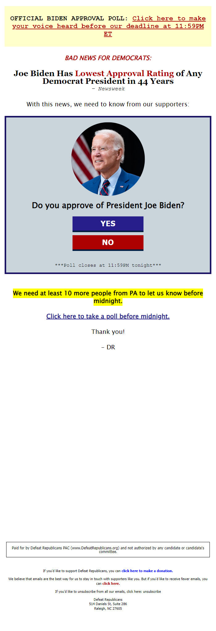 Screenshot of the email generated on import