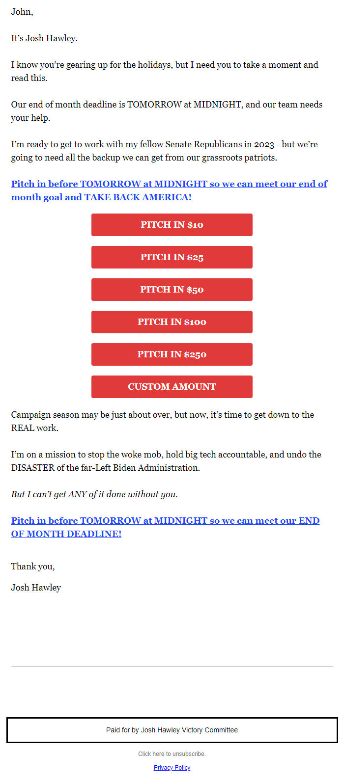 Screenshot of the email generated on import