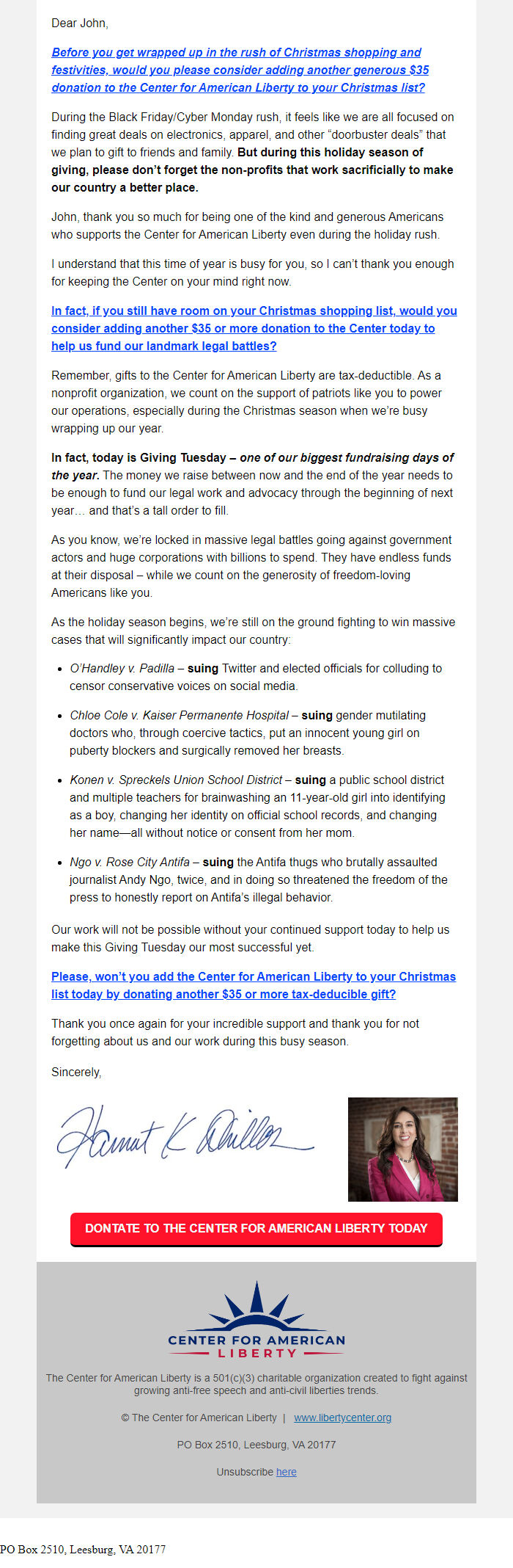 Screenshot of the email generated on import